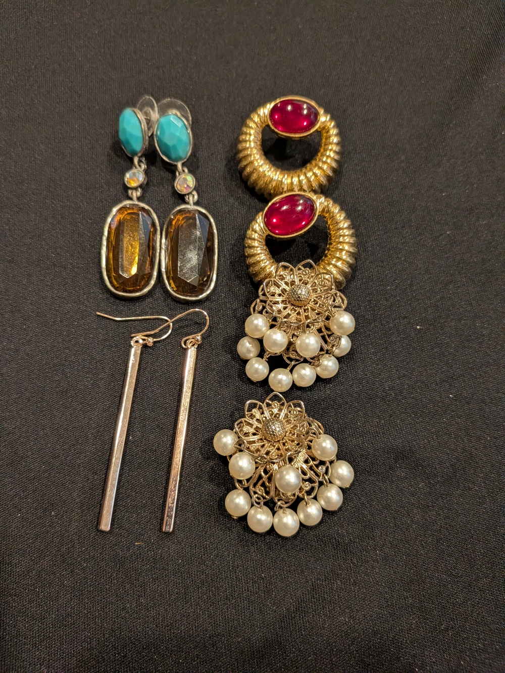 Gold-tone Filigree Pearl Drop Set Of 4 Pairs Earrings with Pink Cabochon Accent